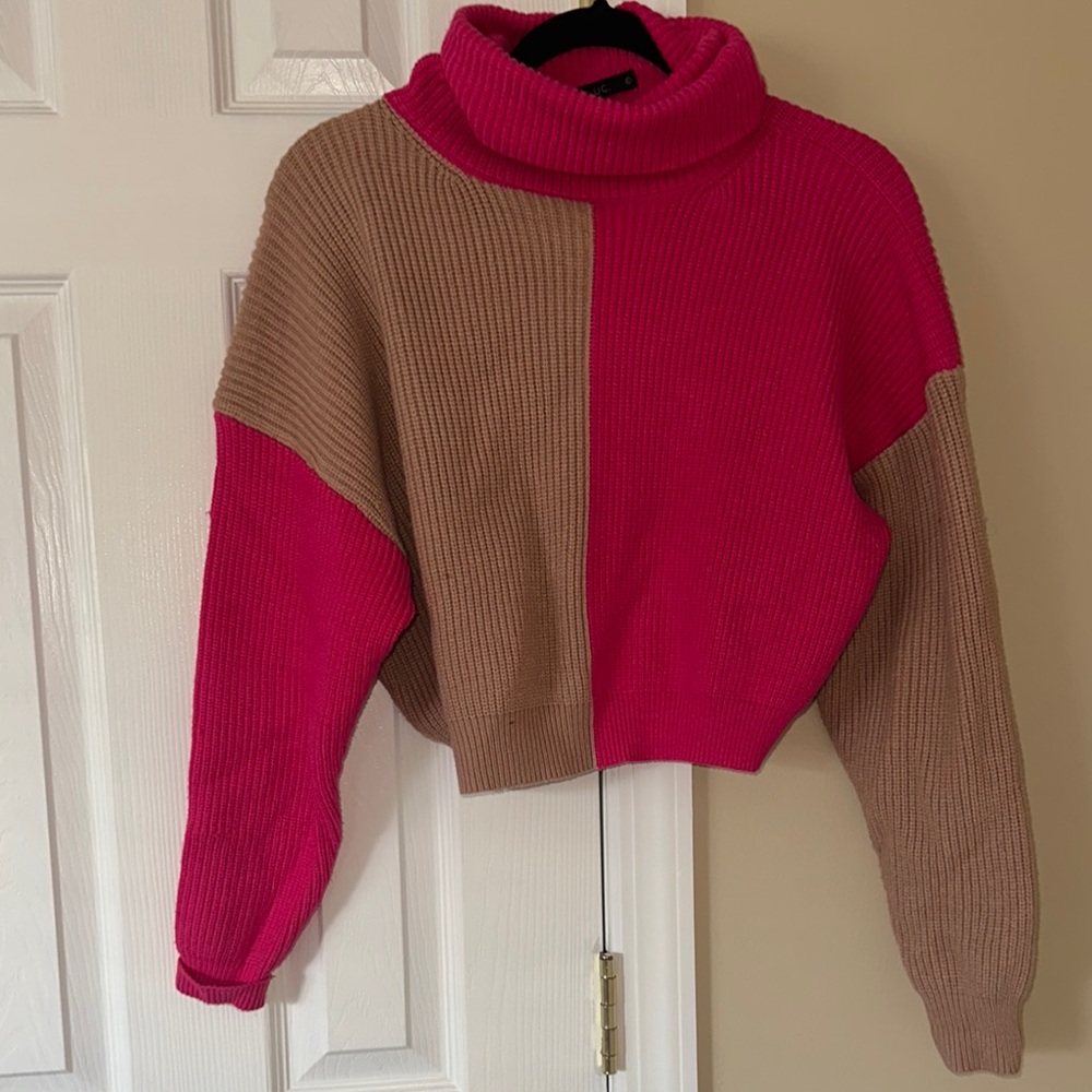 Chunky Knit Pink and Tan Cowl Sweater